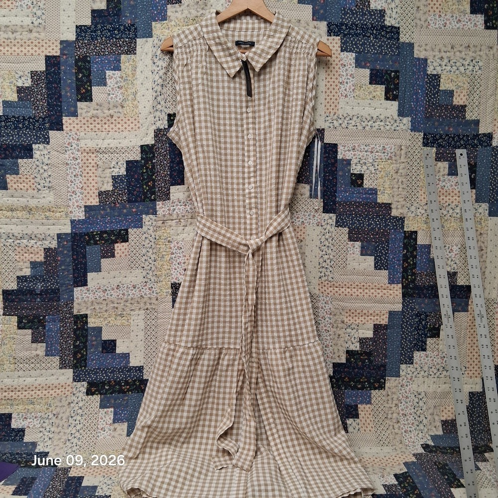 NWT Tommy Hilfiger Sleeveless Button Front Dress Size 14 Beige Gingham Check
